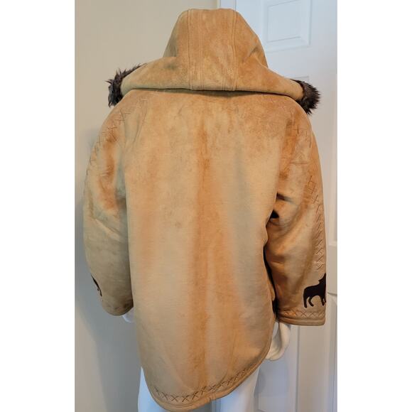VTG Coldwater Creek Faux Suede Coat Wolves Embroidered Fur Hood Sze PL Full Zip - Picture 6 of 10
